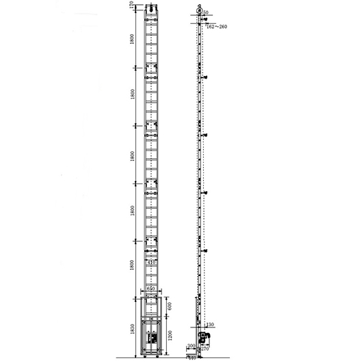 スカイアールキャリー垂直式の真横からの主要寸法図