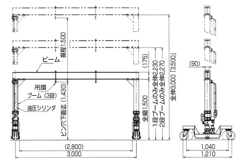 門型油圧リフターTB-20Rの主要寸法図